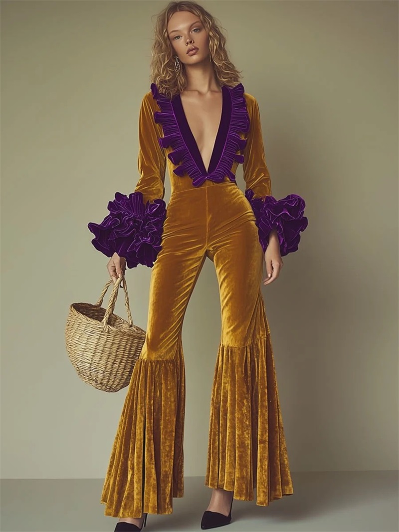 Women'S Formal Wear For A Wedding Guest - Желто-фиолетовый бархатный женский комбинезон с V-образным